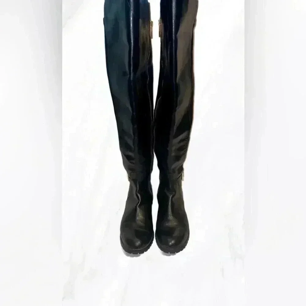 Micheal Kors black knee high gold zipper rubber sole leather riding boots 5.5